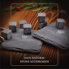 Load image into Gallery viewer, Whiskey Stones Gift Set by Royal Reserve | Artisan Crafted Chilling Rocks Scotch Bourbon Glasses and Slate Table Coasters – Gift for Guy Men Dad Boyfriend Anniversary or Retirement