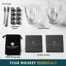 Load image into Gallery viewer, Whiskey Stones Gift Set by Royal Reserve | Artisan Crafted Chilling Rocks Scotch Bourbon Glasses and Slate Table Coasters – Gift for Guy Men Dad Boyfriend Anniversary or Retirement