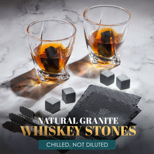 Load image into Gallery viewer, Whiskey Stones Gift Set by Royal Reserve | Artisan Crafted Chilling Rocks Scotch Bourbon Glasses and Slate Table Coasters – Gift for Guy Men Dad Boyfriend Anniversary or Retirement