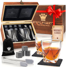 Load image into Gallery viewer, Whiskey Stones Gift Set by Royal Reserve | Artisan Crafted Chilling Rocks Scotch Bourbon Glasses and Slate Table Coasters – Gift for Guy Men Dad Boyfriend Anniversary or Retirement