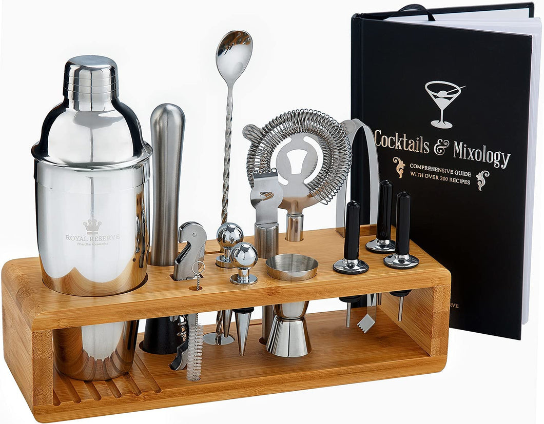 Cocktail Mixology Shaker Set by Royal Reserve - 16-Piece Bartender Set with an Elegant Bamboo Stand - Bar Accessories Kit including a Martini Shaker & Mixer Recipe Book – Gift for Men Husband Birthday - Black Base