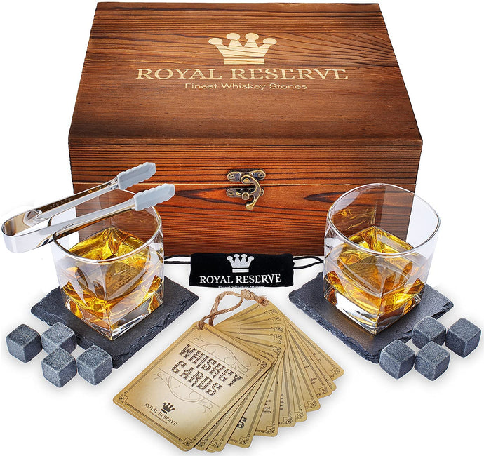 Whiskey Stones Set by Royal Reserve | Husband Birthday Artisan Crafted Chilling Rocks Scotch Bourbon Glasses and Slate Table Coasters – Present for Men Dad Boyfriend Anniversary or Retirement