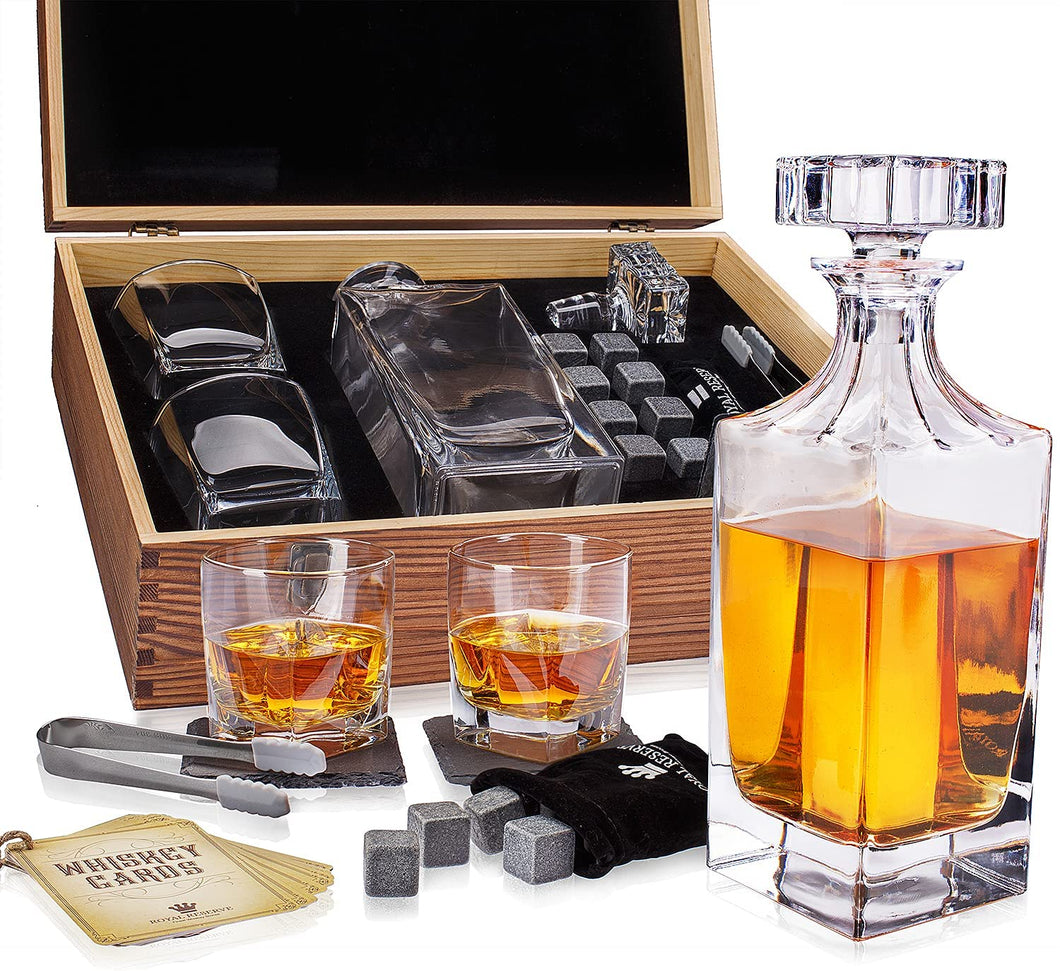 Whiskey Decanter Gift Set | Husband Birthday Gifts Artisan Crafted Chilling Rocks Stones Scotch Bourbon Glasses and Slate Table Coasters – Gift for Men Dad Boyfriend Anniversary