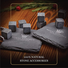Load image into Gallery viewer, Whiskey Stones Set by Royal Reserve | Husband Birthday Artisan Crafted Chilling Rocks Scotch Bourbon Glasses and Slate Table Coasters – Present for Men Dad Boyfriend Anniversary or Retirement