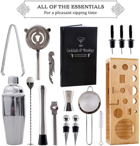 Cocktail Mixology Shaker Set by Royal Reserve - 16-Piece Bartender Set with an Elegant Bamboo Stand - Bar Accessories Kit including a Martini Shaker & Mixer Recipe Book – Gift for Men Husband Birthday - Black Base