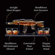 Load image into Gallery viewer, Gun Whiskey Decanter Gift Set by Royal Reserve | Home Bar Decor Liquor Dispenser with Scotch Glasses– Fun Novelty Gift for Men Dad Brother Hunter Boyfriend Husband Anniversary or Retirement 850 ML
