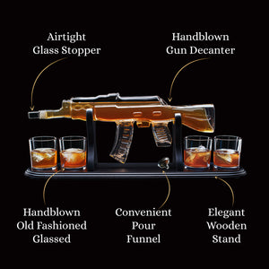 Gun Whiskey Decanter Gift Set by Royal Reserve | Home Bar Decor Liquor Dispenser with Scotch Glasses– Fun Novelty Gift for Men Dad Brother Hunter Boyfriend Husband Anniversary or Retirement 850 ML