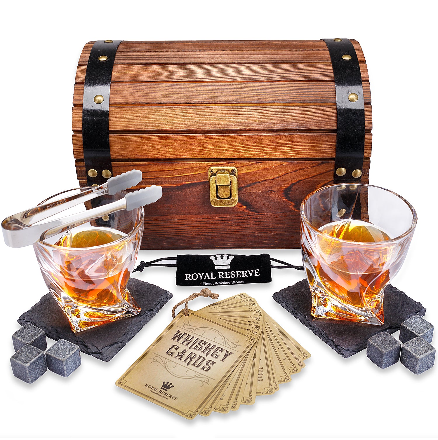 Whiskey Stones Gift Set by Royal Reserve Artisan Crafted Chilling Rocks Scotch Bourbon Glasses and Slate Table Coasters – Gift for Guy Men Dad
