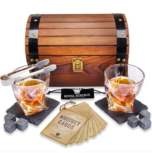 Whiskey Stones Gift Set by Royal Reserve | Artisan Crafted Chilling Rocks Scotch Bourbon Glasses and Slate Table Coasters – Gift for Guy Men Dad Boyfriend Anniversary or Retirement