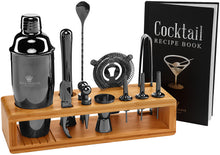 Load image into Gallery viewer, Cocktail Mixology Shaker Set Black Gun Metal - 16-Piece Bartender Set with an Elegant Bamboo Stand - Bar Accessories Kit including a Martini Shaker &amp; Mixer Recipe Book – Gift for Men Husband Birthday