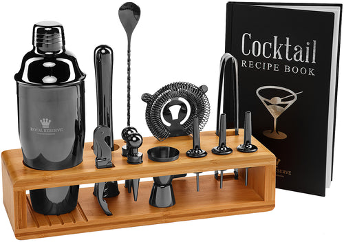 Cocktail Mixology Shaker Set Black Gun Metal - 16-Piece Bartender Set with an Elegant Bamboo Stand - Bar Accessories Kit including a Martini Shaker & Mixer Recipe Book – Gift for Men Husband Birthday
