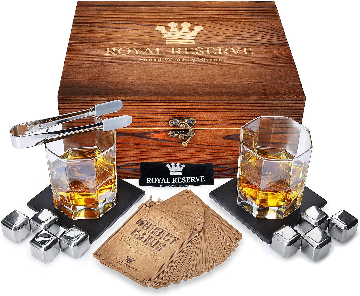 Whiskey Stones Gift Set by Royal Reserve Mens Birthday Gifts Artisan Crafted Metal Stainless Chilling Rocks Scotch Bourbon Glasses – Gift for Men