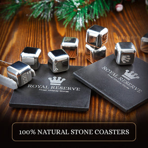 Whiskey Stones Gift Set by Royal Reserve | Mens Birthday Gifts Artisan Crafted Metal Stainless Chilling Rocks Scotch Bourbon Glasses – Gift for Men Husband Dad Boyfriend Anniversary or Retirement