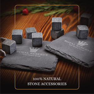 Whiskey Stones Gift Set by Royal Reserve | Artisan Crafted Chilling Rocks Scotch Bourbon Glasses and Slate Table Coasters – Gift for Guy Men Dad Boyfriend Anniversary or Retirement